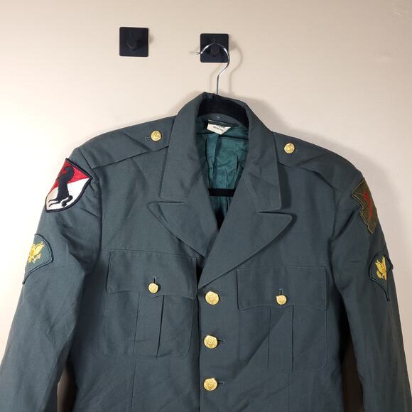 Vintage Army Green Service Coat Blazer Gold Tone Hardware Wool Blend 38R - Picture 2 of 12